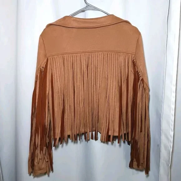 NWT Chartou Faux Suede Camel Color Jacket Sz M Cropped Fringe Open Front - Picture 5 of 10